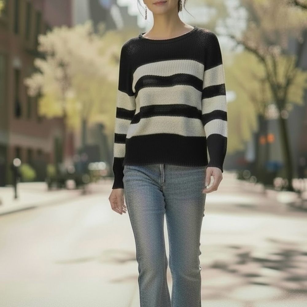 Eileen Fisher Black White Striped Sweater Organic Linen Cotton Size Large